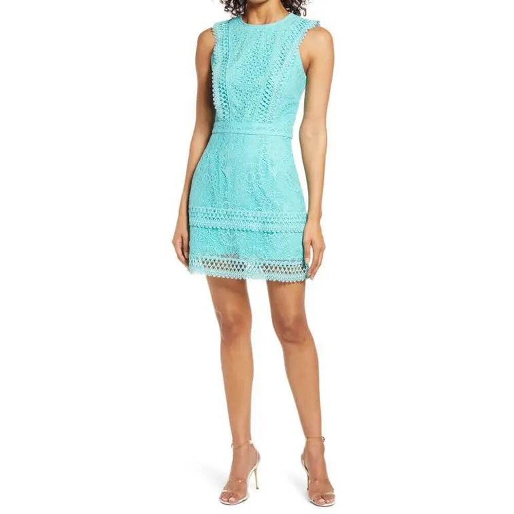Adelyn Rae Women’s Medium Shayna Mixed Lace Fit & Flare Aqua Blue Dress